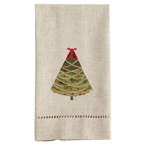 SARO Lifestyle Ribbon Christmas Tree Guest Towels - Embroidered & Hemstitched, 4-Pack, 14x22"