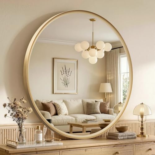 USHOWER 30 Inch Round Gold Bathroom Mirror with Sculpted Inner-Edge Frame - Over Sink Vanity