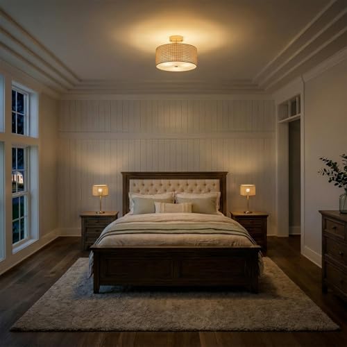 Deep Brown 13-Inch Woven Rattan Boho Ceiling Light Fixture with 3 Lights