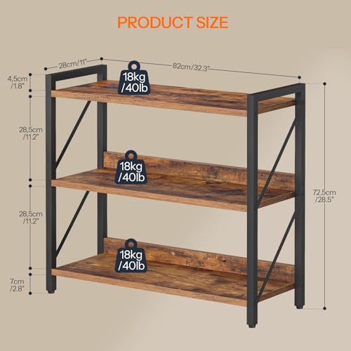 3-Tier Industrial Bookshelf with Metal Frame - Rustic Brown & Black, 32.3L x 11W x 28.5H, Home & Office Storage Organizer