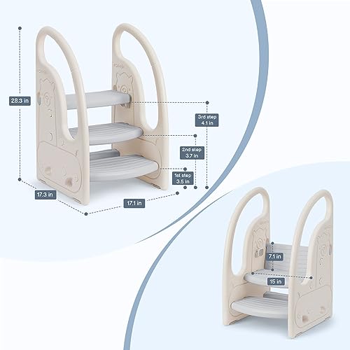 Onasti Kids 3 Step Toddler Stool - Grey Learning Tower for Kitchen Bathroom Potty Training & Independence
