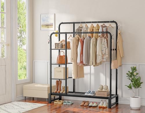 Black Double Rod Clothes Rack with Storage Shelves and Hooks - Heavy Duty Garment Organizer
