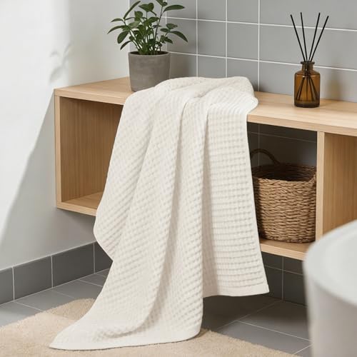 Jacquotha Mist White Waffle Cotton Bath Towels Set of 2 - Quick Dry, Large, Low Lint