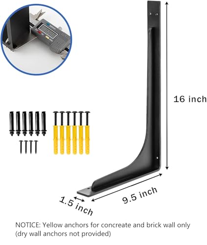 16 Inch x 9.5 Inch Heavy Duty Shelf Brackets - Pack of 4, Max 320lbs, L Beam, Black