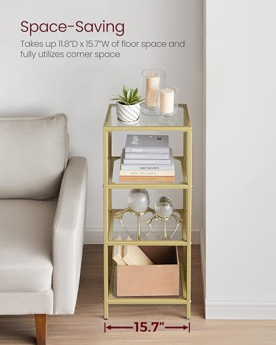VASAGLE Gold 4-Tier Glass & Steel Bookshelf, Modern Narrow Bookcase