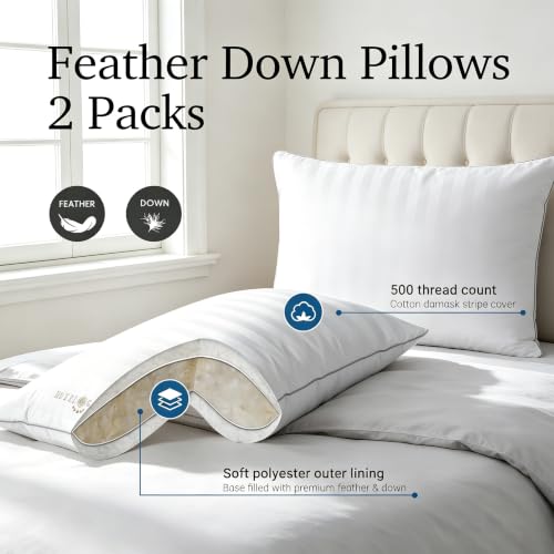 King Size Feather & Down Pillow Set - White 2-Pack Hotel Quality