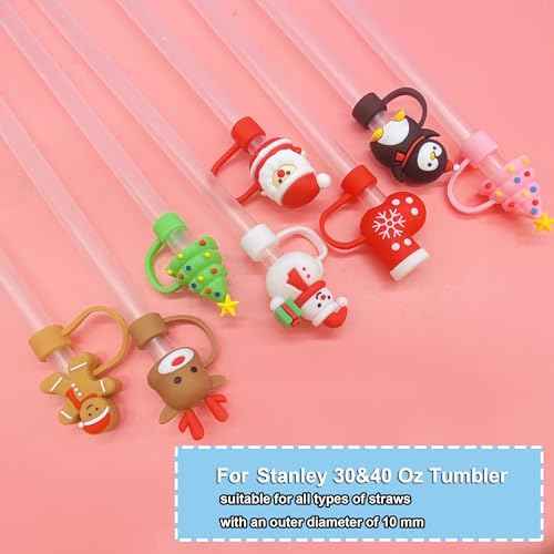 8PCS 3D Christmas Straw Cover Cap for Stanley Cup, Xmas Silicone Straw Topper Compatible with 30&40oz Tumbler with Handle,10mm 0.4in Dust-Proof Reusable Straw Tips Lids for Christmas Gifts