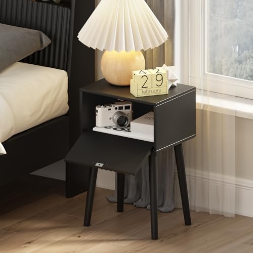 Nightstands Set of 2 - Small Bedside Tables with Fluted Door - Black, Fluted Style