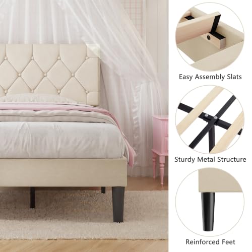 VECELO Upholstered Twin Bed Frame with Adjustable Headboard, Beige