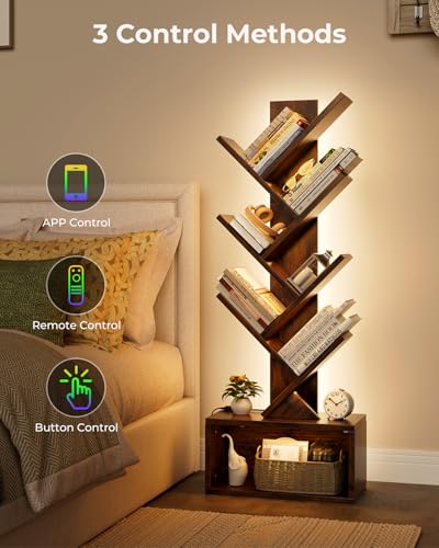Evermagin Rustic Brown 6-Tier Tree Bookshelf with RGBIC LED Lights, Space-Saving Bookcase