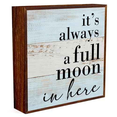 Funny Bathroom Sign, Bathroom Shelf Decor Desk Decor Wooden Box Sign Rustic Wood Plaque Box Sign for Home Office Restroom Toilet Shelf Table Decoration It's Always a Full Moon in Here Sign.
