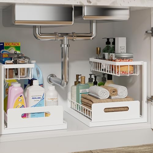 REALINN 2 Pack Under Sink Organizer White L-Shaped 2-Tier Pull-Out Cabinet Storage
