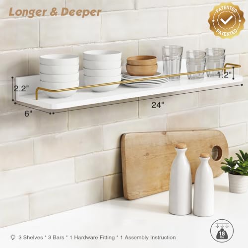24 Inch Bathroom Floating Shelves Set of 3 Wall Mounted with Rail White and Gold Variation