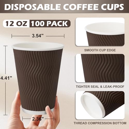 Clawsoff 12 oz Disposable Paper Coffee Cups - Brown, 100 Pack, Insulated, Hot & Cold Drinkware