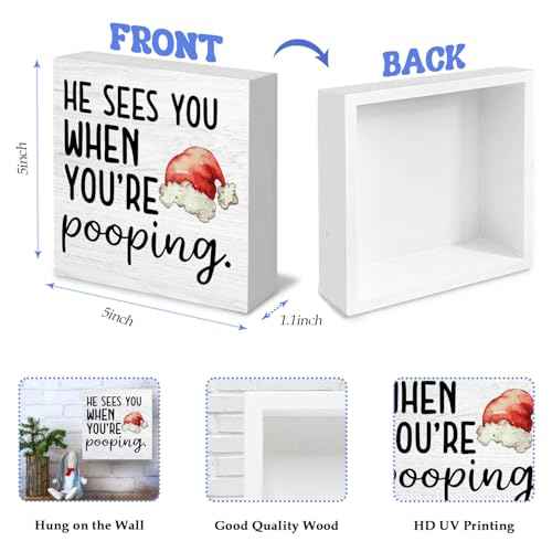 Funny Christmas Bathroom Wooden Box Signs, Christmas Bathroom Decorations, Funny Bathroom Decor, He Sees You When You're Pooping Wooden Signs for Bathroom Restroom Shelf Counter Decor, 5x5in