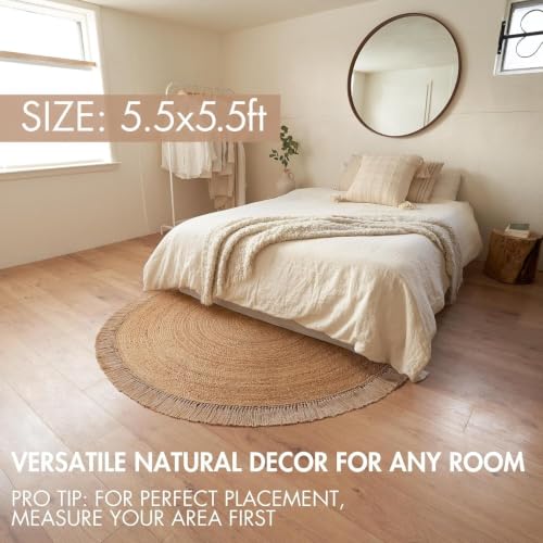 5.5x5.5 ft Natural Jute Area Rug - Round Rustic Boho Woven Floor Mat
