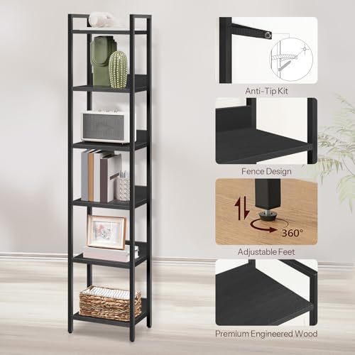 6-Tier Bookshelf for Small Spaces - Black Metal & Wood Storage Shelf