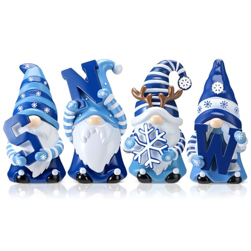 ShinyRelief 4 Pcs Resin Winter Gnome Figurines Decoration - Blue White Snow