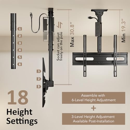 27-65 Inch Ceiling TV Mount with Power Outlet - Adjustable & Swivel, Holds Up to 110lbs