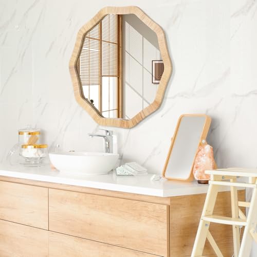 Decagonal Rattan Wicker Wall Mirror - 30 Inch Boho Wall Decor