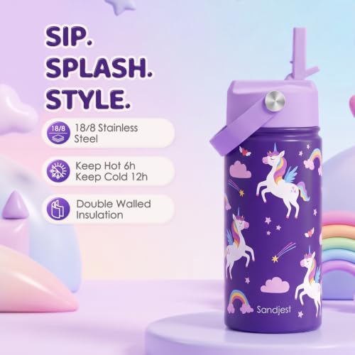 SANDJEST Unicorn Kids Water Bottle 12oz with Straw Lid - Variation 3