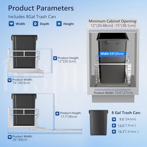Insputer Silver 8 Gallon Pull-Out Under Cabinet Trash Can with Soft-Close Slides