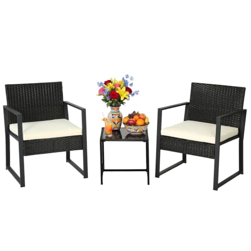 FDW Khaki 3-Piece Patio Furniture Set Outdoor Wicker Conversation Set with Coffee Table
