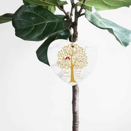 2 Year Anniversary Hanging Ornament for Him Her 2nd Marriage Wedding Gifts 2 Year Anniversary Valentines Ornament for Husband Wife Couple Christmas Ceramic Heart Keepsake
