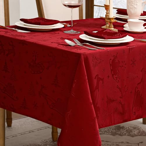 Romanstile Christmas Jacquard Rectangular Tablecloth 60x144 Inch Red - Festive Holiday Dining Decor