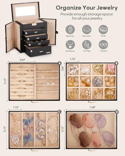 Large Jewelry Box for Women with Lock - 5-Layer Organizer, Black & Gold