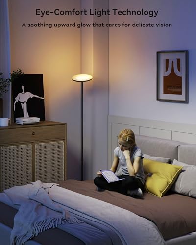 JOOFO Black LED Floor Lamp with Remote, Dimmable Upward Lighting for Living Room