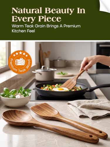 10 Pack Wooden Cooking Utensil Set - Teak Kitchen Tools Including Spatulas Whisk and Spaghetti Server