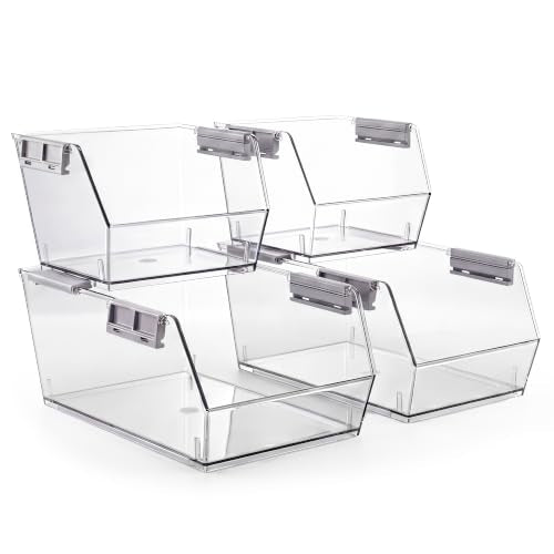 Stackable Plastic Storage Bins Set of 4 - Large and Small Kitchen & Home Organization