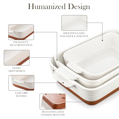 Ceramic Baking Dish Set of 3 - Rectangular Casserole Pans with Handles, Khaki White, Without Racks, Series TARA