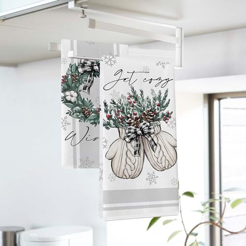 Seliem Winter Wreath Glove Kitchen Dish Towels Set of 2, Get Cozy