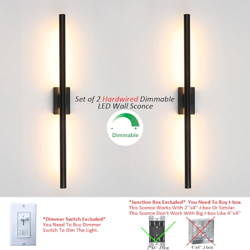 24 Inch Dimmable Wall Sconce Set for Small Junction Box - Black, 2 Pack