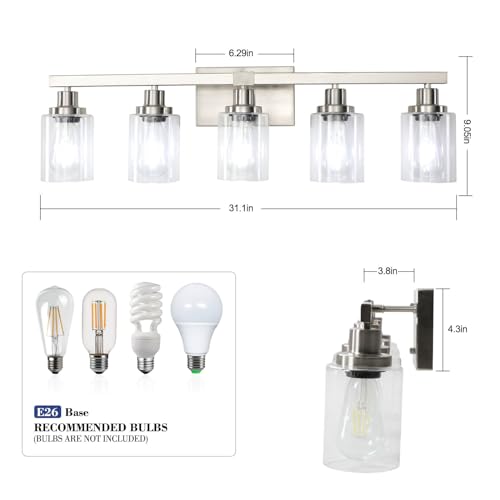 Nickel Bathroom Vanity Light 5-Light Modern Wall Sconce with Clear Glass Shades — Ideal for Mirror, Bedroom, Living Room - Variation of Nickel / 5-Light