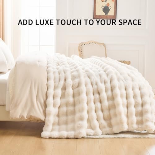 IKALIFE Cozy Bubble Faux Fur Throw Blanket - Cream, 50x60 Inches