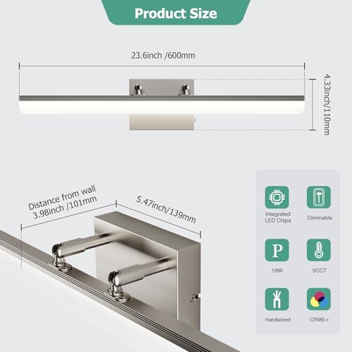 Brushed Nickel 24-Inch Dimmable LED Bathroom Vanity Light Bar - Adjustable Angle