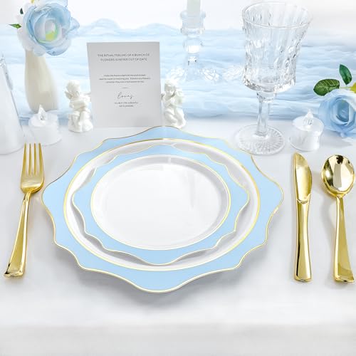 realluck 100Pcs White & Blue Plastic Plates for 50 Guests