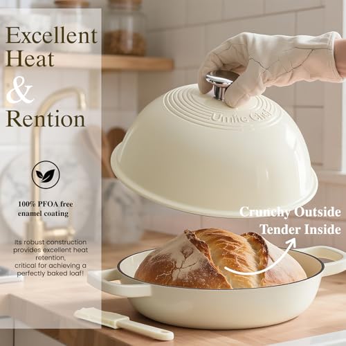 Enamelled Cast Iron Bread Oven 6 Qt Dutch Oven with Dome Lid & Cotton Potholders - Cream White