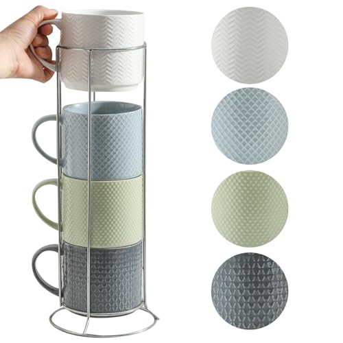 Multicolor Coffee Mug Set with Metal Stand - 15 oz Embossed Ceramic Cups for Latte Tea Cappuccino