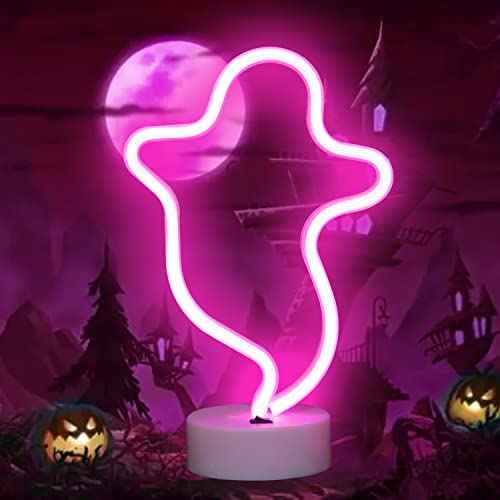 Ghost Neon Signs Halloween Night Lights, LED Signs Ghost Shape Lamp Neon Lights for Nursery Room Wall, Festival, Party Christmas Decor-Ghost with Holder Base(Pink) ¡¦