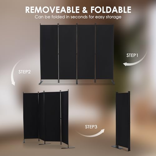RANTILA Black 4-Panel Room Divider, 6ft Folding Privacy Screen, Freestanding Partition