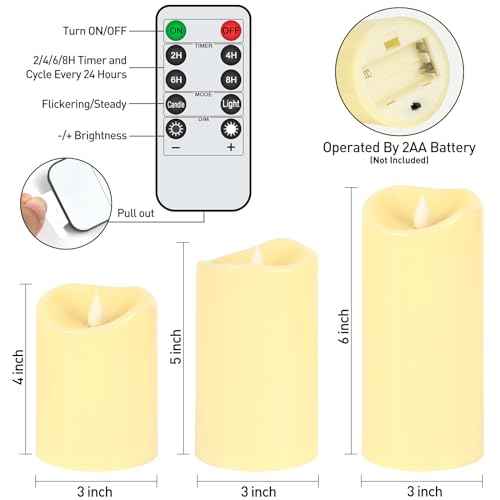 Battery Powered Flameless Candles, LED Flickering Pillar Candles, Electric Plastic Fake Candle with Remote Control and Timer for Halloween Christmas Wedding Fireplace Decor Set of 3