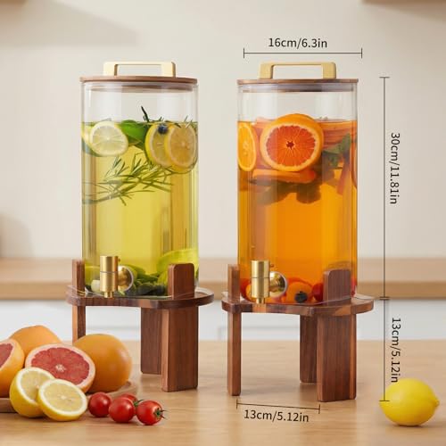 Glass Drink Dispenser Set with Wood Stands - 1.5 Gallon Beverage Dispenser for Parties & Daily Use