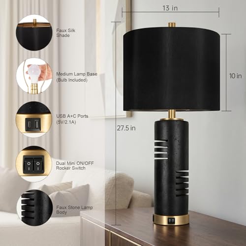Black Faux Stone 27.5-Inch Table Lamps Set of 2 with USB & Night Light