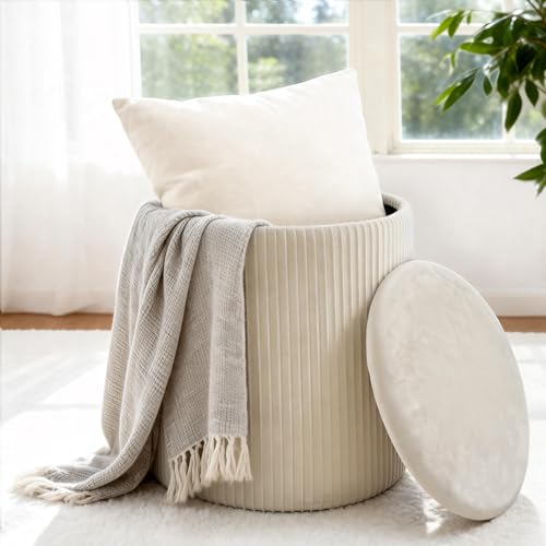 Beige Velvet Round Storage Ottoman Footrest with Hidden Compartment - LITZFUR