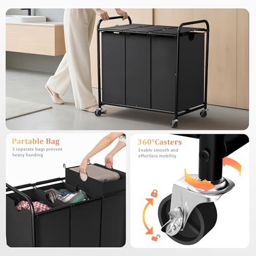 Black 3-Section 180L Rolling Laundry Sorter with Lid and Wheels
