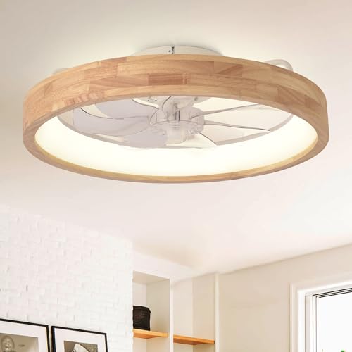 20-Inch Wooden Modern Low Profile Flush Mount Ceiling Fan with Light - Variation: Wood